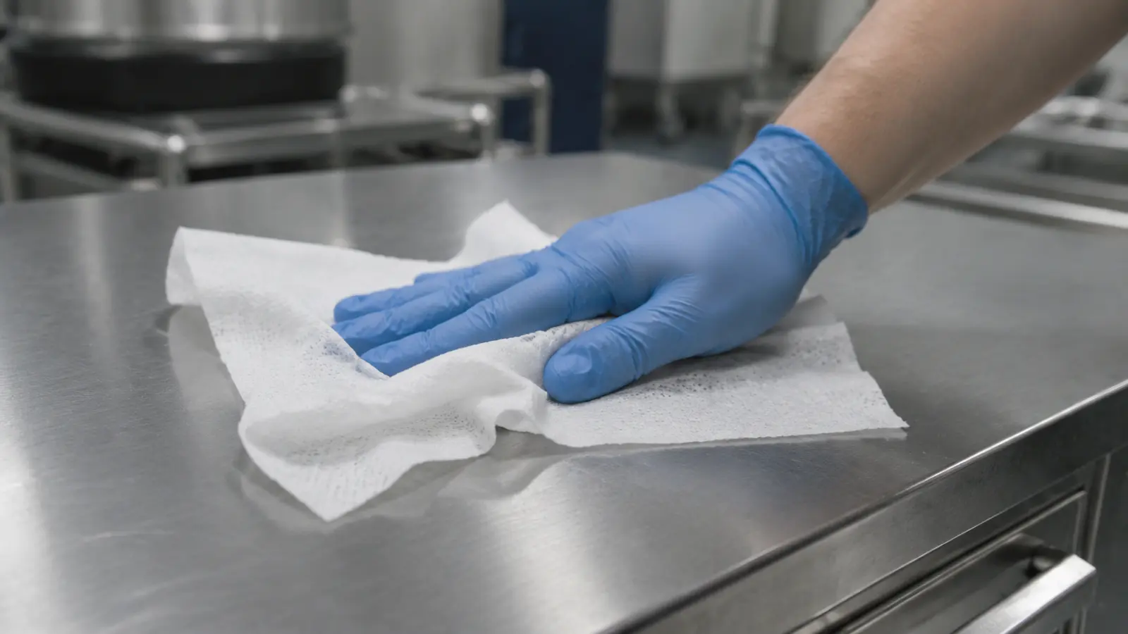 Lingette technique non tissée utilisée pour l'essuyage d'une surface en inox